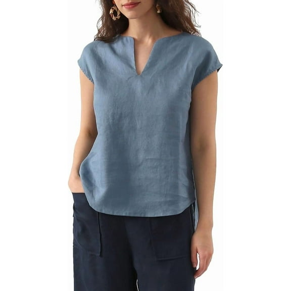 Amazhiyu Women's 100% Linen Summer V Neck Cap Sleeve Blouse Basic Casual Top
