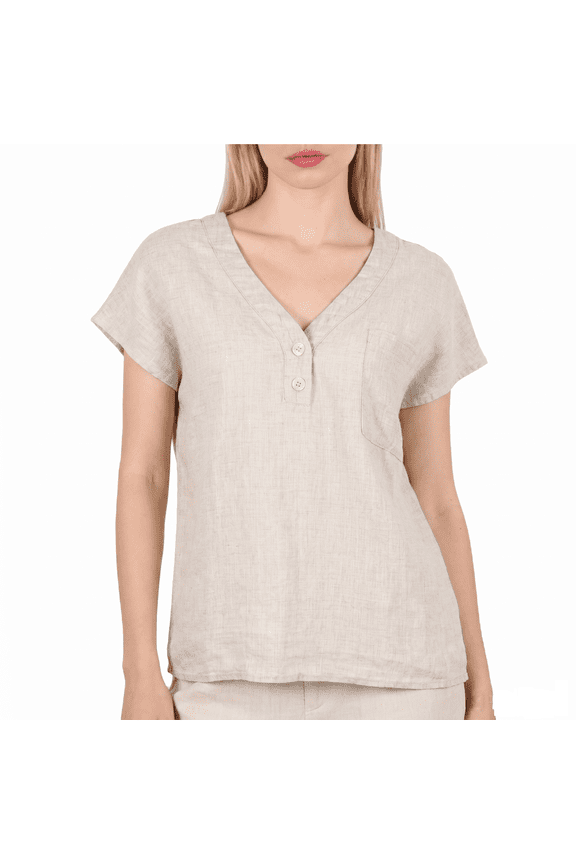 Women's 100% Pure Linen Cap Sleeve Blouse Casual V Neck Henley Top with Chest Pocket