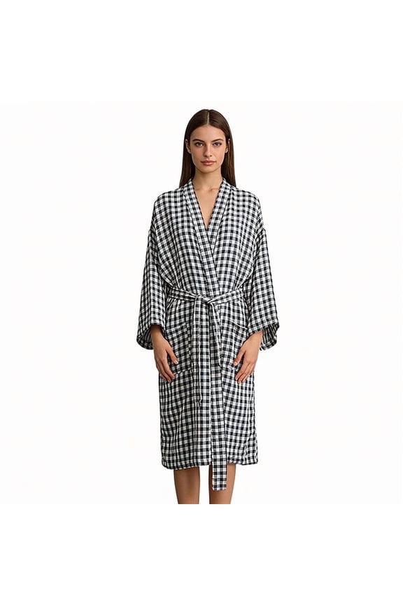 Women's Cotton Gauze Lightweight Summer Plaid Kimono Bath Robe Pockets