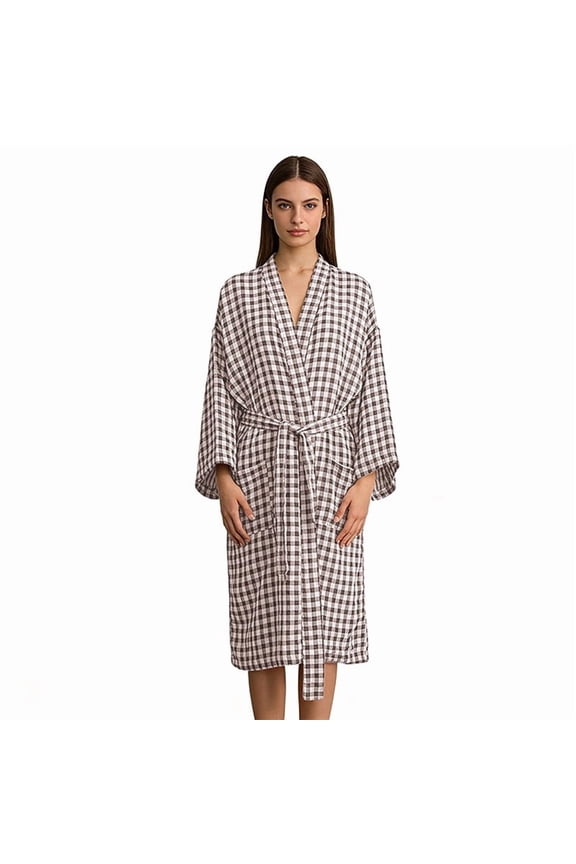 Women's Cotton Gauze Lightweight Summer Plaid Kimono Bath Robe Pockets