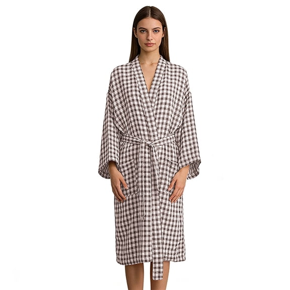 Amazhiyu Women's Cotton Gauze Lightweight Summer Plaid Kimono Bath Robe Pockets