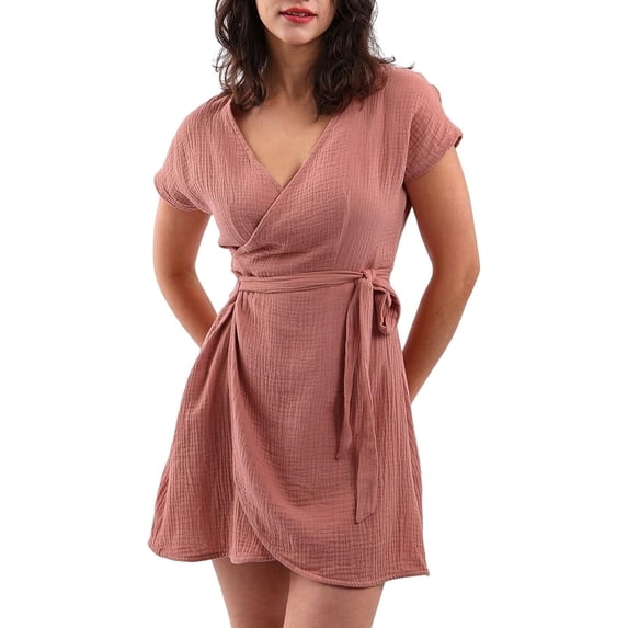 Amazhiyu Women's Cotton Gauze Short Sleeve V Neck Wrap Mini Dress Summer Casual