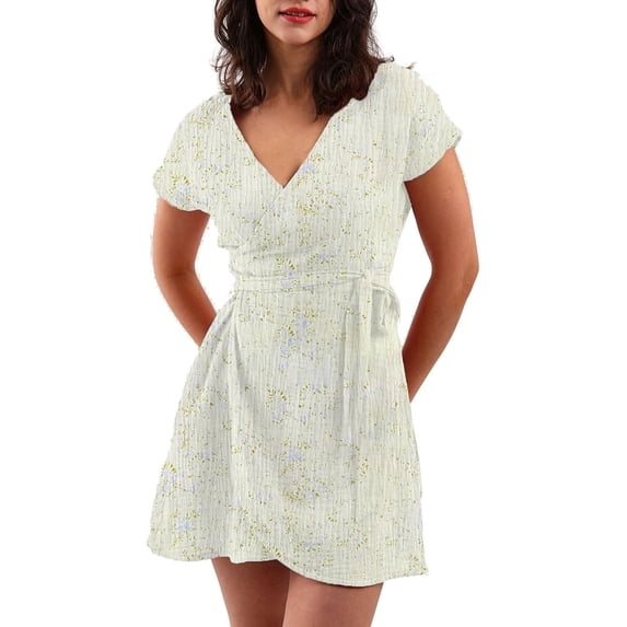 Amazhiyu Women's Cotton Gauze Short Sleeve V Neck Wrap Mini Dress Summer Casual