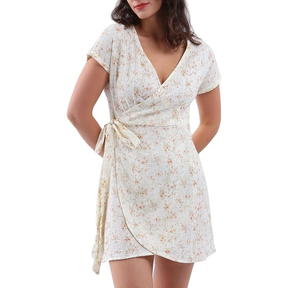Amazhiyu Women's Cotton Gauze Short Sleeve V Neck Wrap Mini Dress Summer Casual