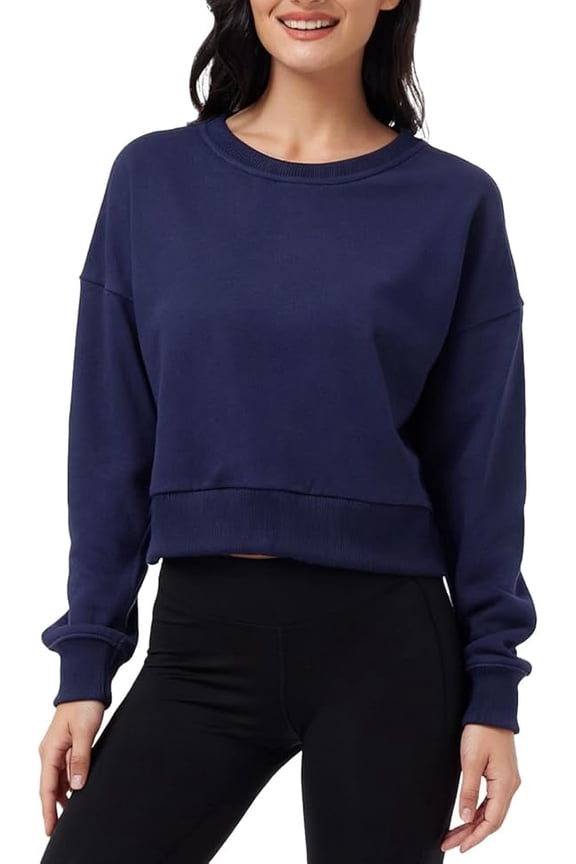 Women's Cropped Sweatshirt French Terry Crew Neck Long Sleeve Pullover