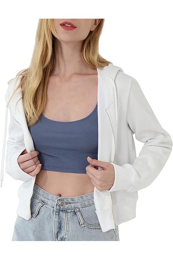 Women's Cropped Zip up Hoodie Long Sleeves with Drawstring Hooded Cotton Crop Tops