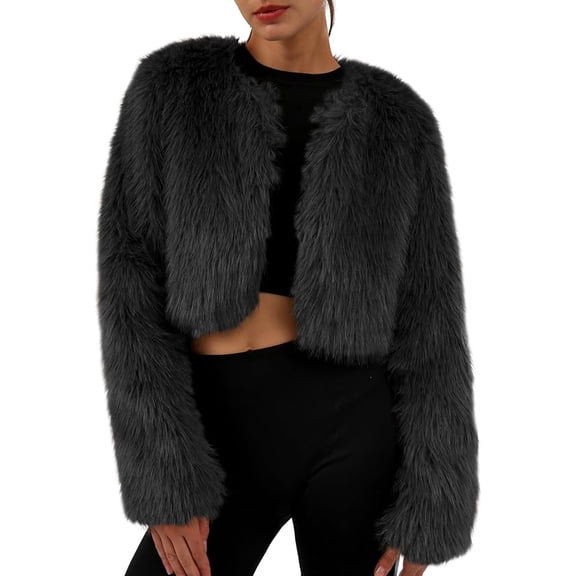 Amazhiyu Women's Faux Fur Cropped Coat Long Sleeve Open Front Winter Jacket