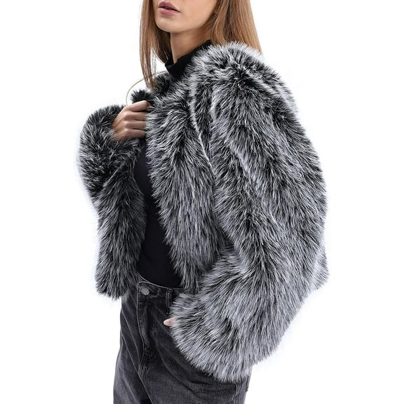 Amazhiyu Women's Faux Fur Long Sleeve Open-front Winter Cropped Coat with Pockets