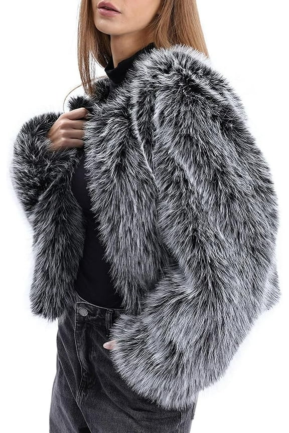 Women's Faux Fur Long Sleeve Open-front Winter Cropped Coat with Pockets