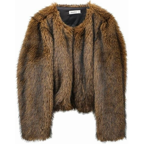 Amazhiyu Women's Faux Fur Long Sleeve Open-front Winter Cropped Coat with Pockets