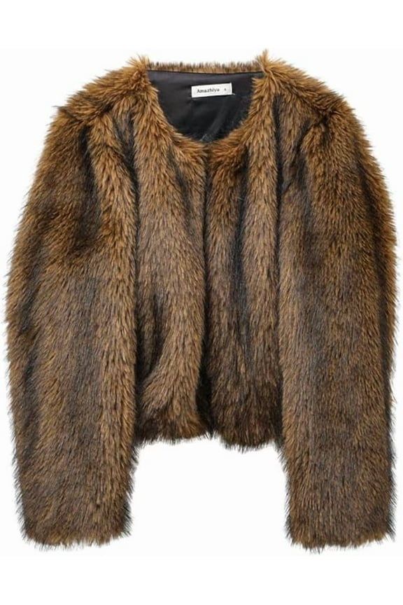 Women's Faux Fur Long Sleeve Open-front Winter Cropped Coat with Pockets