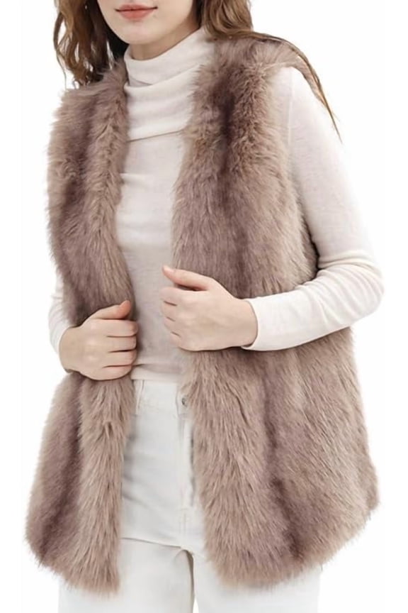 Women's Faux Fur Sleeveless V-Neck Cardigan Coat Long Fur Winter Outwear