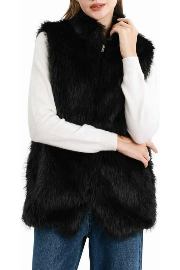 Women's Faux Fur Zip Up Vest Stand Collar Sleeveless Jacket with Pocket