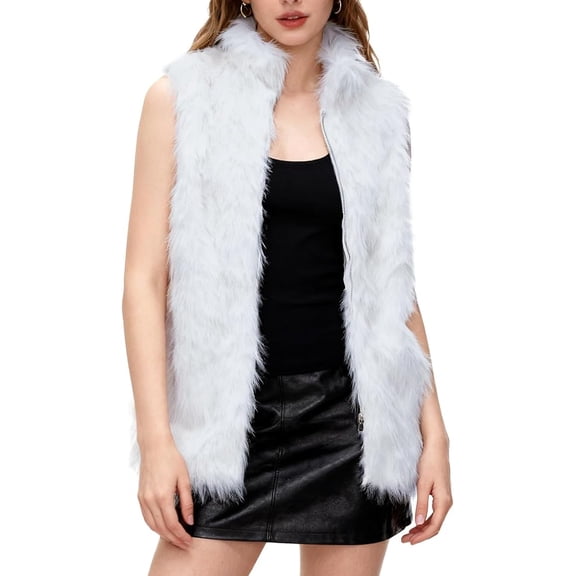 Amazhiyu Women's Faux Fur Zip Up Vest Stand Collar Sleeveless Jacket with Pocket