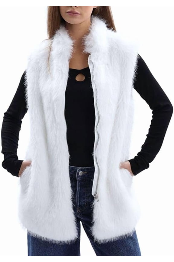 Women's Faux Fur Zip Up Vest Stand Collar Sleeveless Jacket with Pocket
