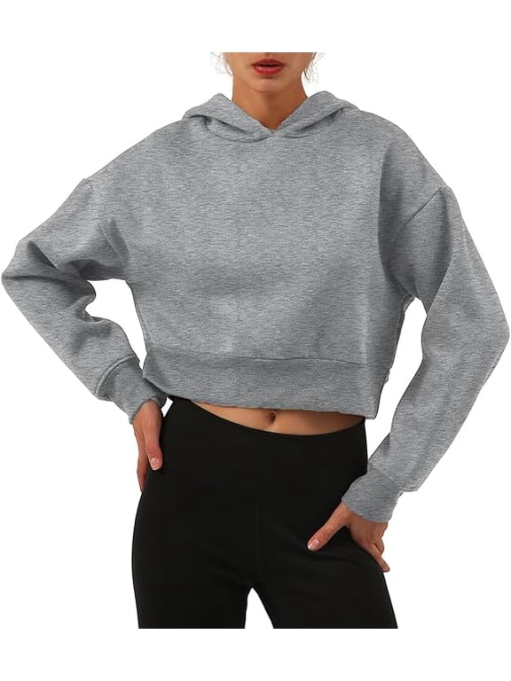 Women’s Fleece Cropped Hoodies Casual Long Sleeve Pullover Crop Tops