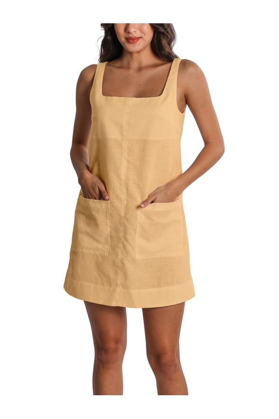 Women's Linen Blend Square Neck Sleeveless Summer Mini Tank Dresses with Pockets