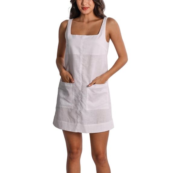 Amazhiyu Women's Linen Blend Square Neck Sleeveless Summer Mini Tank Dresses with Pockets