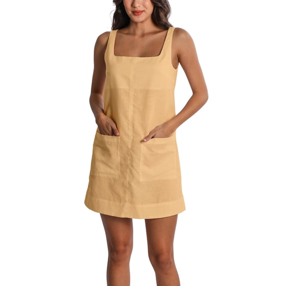 Amazhiyu Women's Linen Blend Square Neck Sleeveless Summer Mini Tank Dresses with Pockets