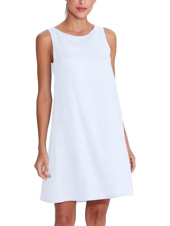 Women's Linen Sleeveless Shift Dress with Pockets Crew Neck Casual Tank Dress