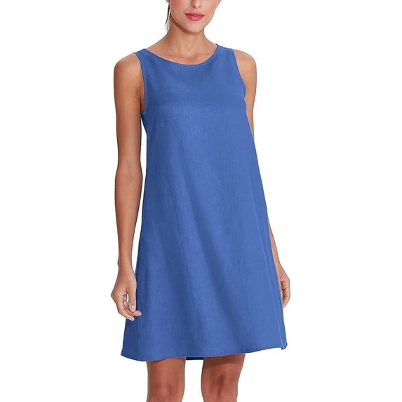 Amazhiyu Women's Linen Sleeveless Shift Dress with Pockets Crew Neck Casual Tank Dress