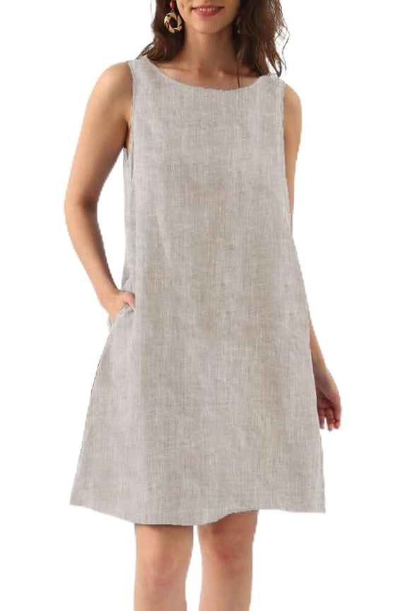 Women's Linen Sleeveless Shift Dress with Pockets Crew Neck Casual Tank Dress