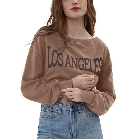 Amazhiyu Women's Printed Slanted Shoulder Loose-fitting Off the Shoulder Cropped Sweatshirt