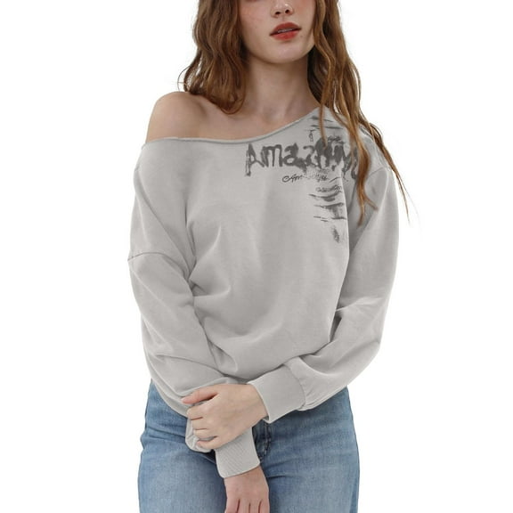 Amazhiyu Women's Printed Slanted Shoulder Loose-fitting Off the Shoulder Sweatshirt