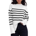 thumbnail image 1 of Amazhiyu Women's Striped Pullover Sweaters Batwing Long Sleeve Crew Neck Ribbed Knit Side Slit Fall Oversized Sweater Tops, 1 of 8