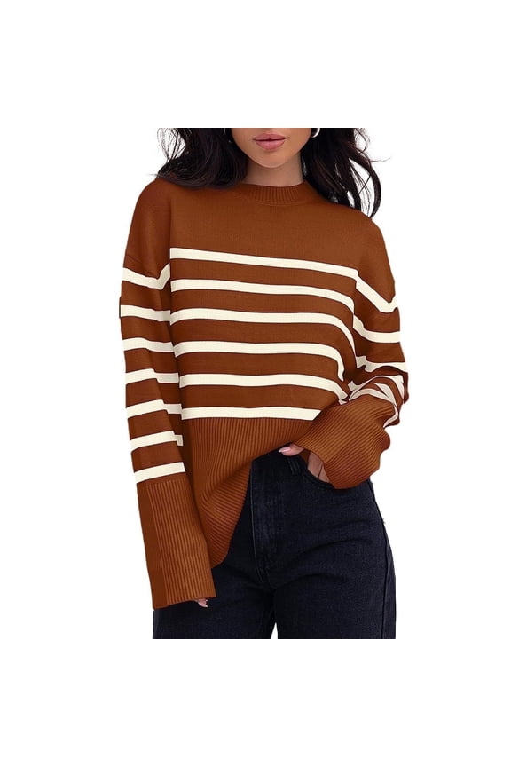 Women's Striped Pullover Sweaters Batwing Long Sleeve Crew Neck Ribbed Knit Side Slit Fall Oversized Sweater Tops