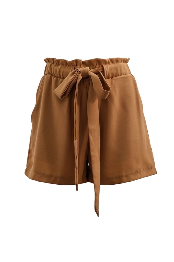 Women's Wide Leg Summer Casual Shorts Ruffle Belted Elastic Waist Tie Knot with Pockets