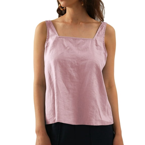 Amazhiyu Women's Woven Pure Linen Tank Tops Square Neck Sleeveless for Casual Summer S