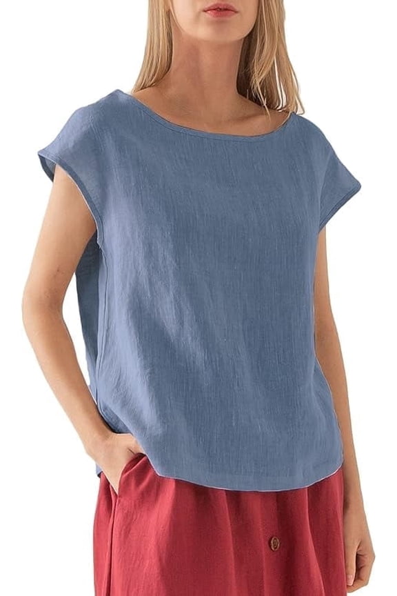 Womens 100% Linen Casual Cap Sleeve Tops Basic Summer Loose Fit Blouse