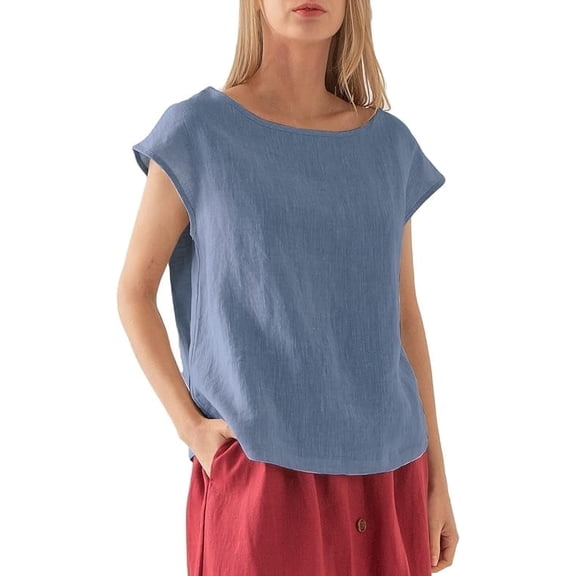 Amazhiyu Womens 100% Linen Casual Cap Sleeve Tops Basic Summer Loose Fit Blouse