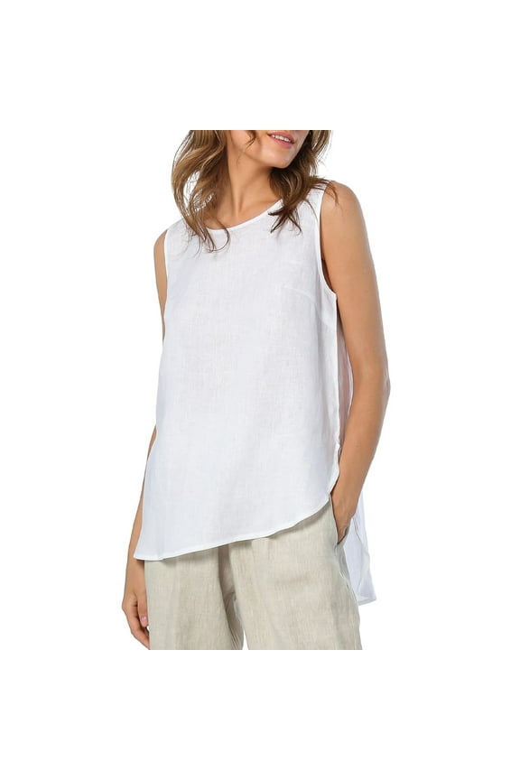Womens 100% Linen Tank Tops Casual Crewneck Sleeveless High Low Hem Tanks Shirts Summer