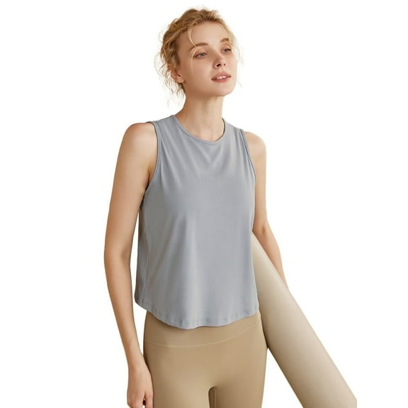 Amazhiyu Womens Athletic Yoga Cropped Tank Top Summer Sleeveless Crewneck Crop Tops Loose Workout T-Shirt