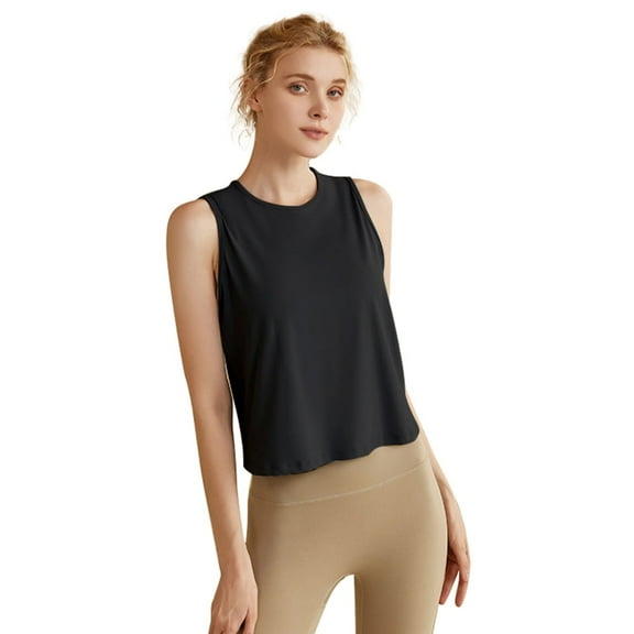 Amazhiyu Womens Athletic Yoga Cropped Tank Top Summer Sleeveless Crewneck Crop Tops Loose Workout T-Shirt