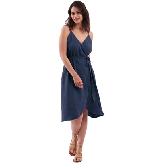 Amazhiyu Womens Cotton Summer Spaghetti Strap Sleeveless Midi Wrap Dress Pockets