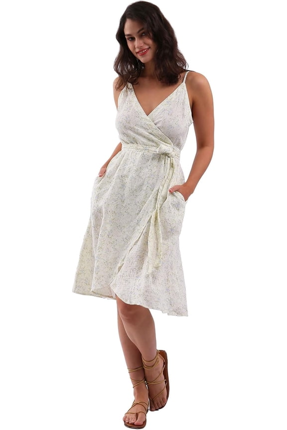 Womens Cotton Summer Spaghetti Strap Sleeveless Midi Wrap Dress Pockets