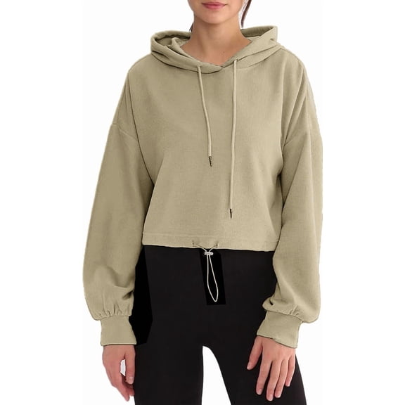 Amazhiyu Womens Cropped Hoodie Waffle Knit Drop Shoulder Drawstring Crop Top