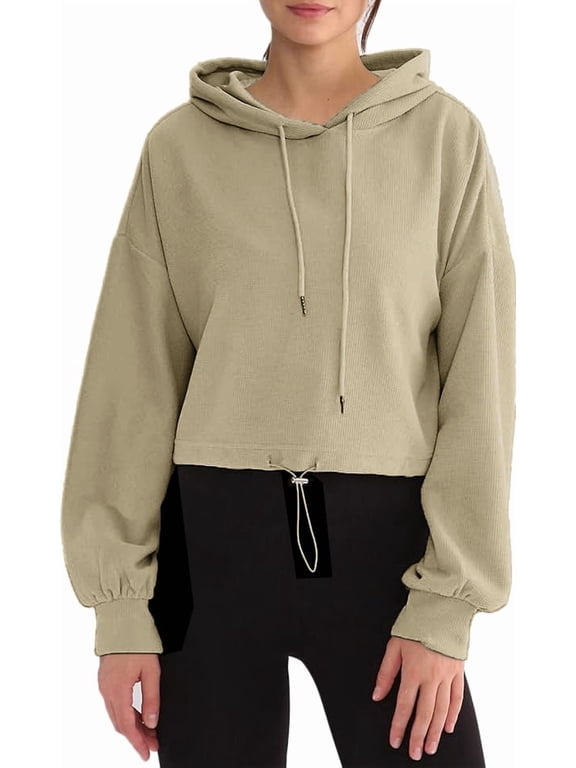 Womens Cropped Hoodie Waffle Knit Drop Shoulder Drawstring Crop Top