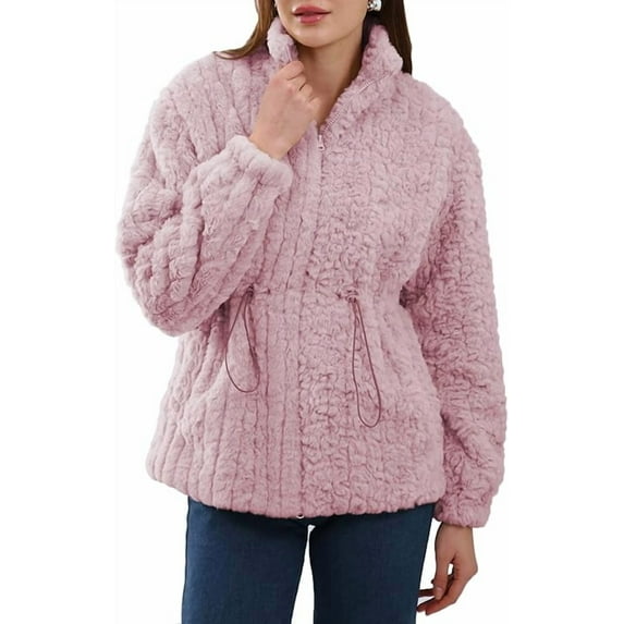 Amazhiyu Womens Faux Fur Coat Winter Zip Up Drawstring Fuzzy Jacket with Pockets