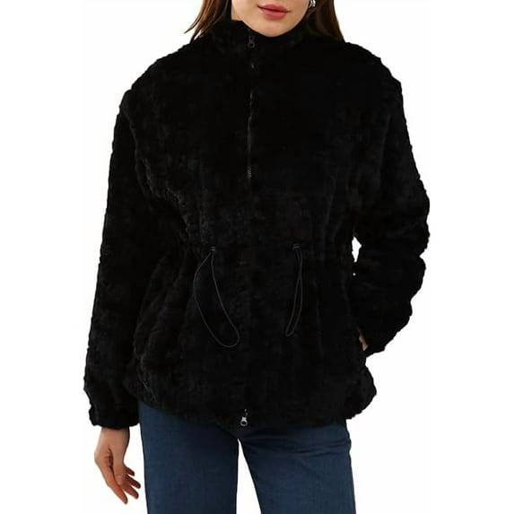 Amazhiyu Womens Faux Fur Coat Winter Zip Up Drawstring Fuzzy Jacket with Pockets