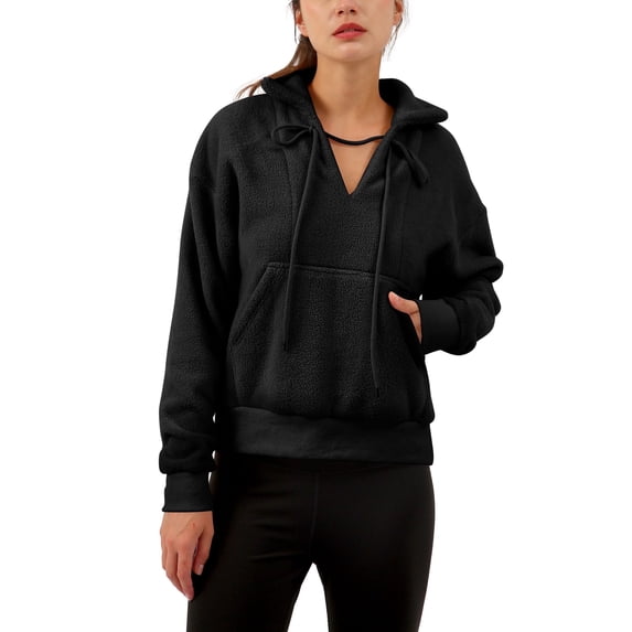 Amazhiyu Womens Fuzzy Fleece Pullover Sweatshirts Oversized V Neck Drawstring Sherpa Sweater with Pockets
