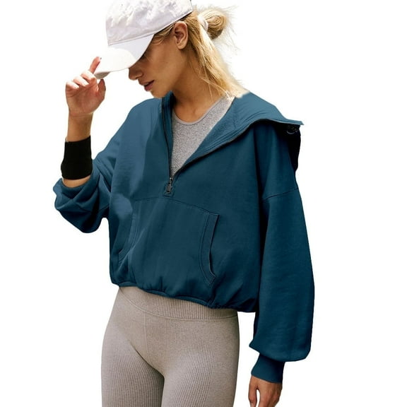Amazhiyu Womens Half Zip Sweatshirts Cropped Hoodies Pullover Drawstring Long Sleeve Fall Casual Tops with Pocket