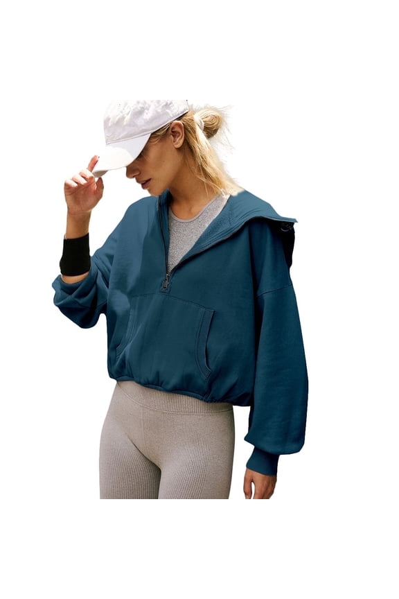 Womens Half Zip Sweatshirts Cropped Hoodies Pullover Drawstring Long Sleeve Fall Casual Tops with Pocket