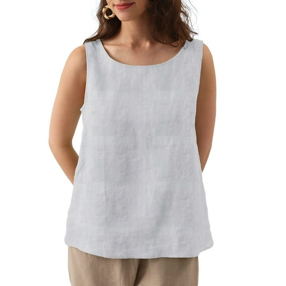 Amazhiyu Womens Linen Crewneck Sleeveless Tank Tops Basic Summer Casual Loose Tanks Shirts