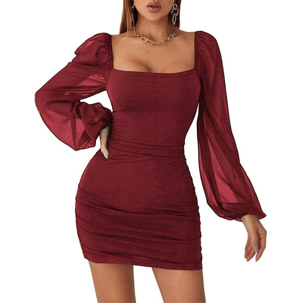 Amazhiyu Womens Mesh Long Sleeve Square Neck Ruched Party Club Cocktail Bodycon Mini Dress Amazhiyu Womens Mesh Long Sleeve Square Neck Ruched Party Club Cocktail Bodycon Mini Dress