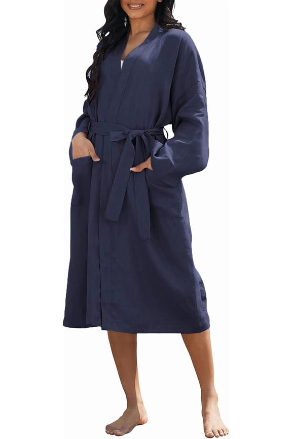 Womens Pure Linen Mid Length Kimono Robes Lightweight Long Sleeve Bathrobe
