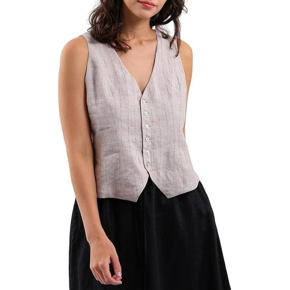 Amazhiyu Womens Pure Linen Sleeveless Button Down V Neck Crop Top Summer Causal Vest Waistcoat